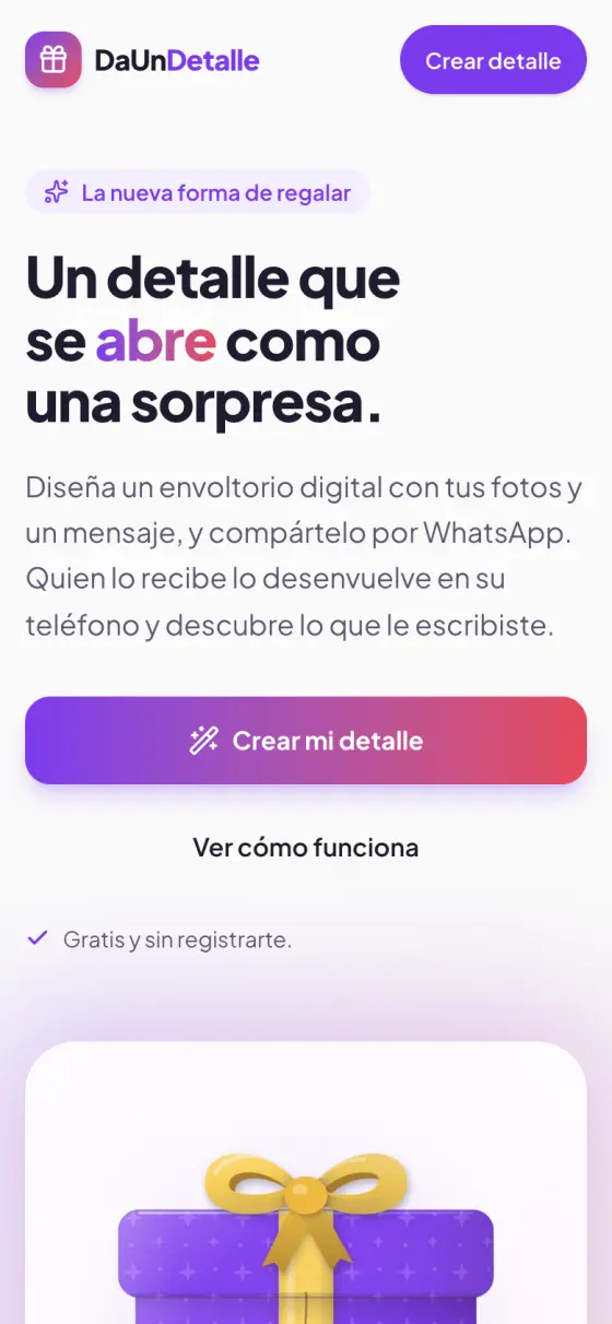 DaUnDetalle's home page on a phone, in Spanish: a headline about a gift that opens like a surprise, and a button to create one